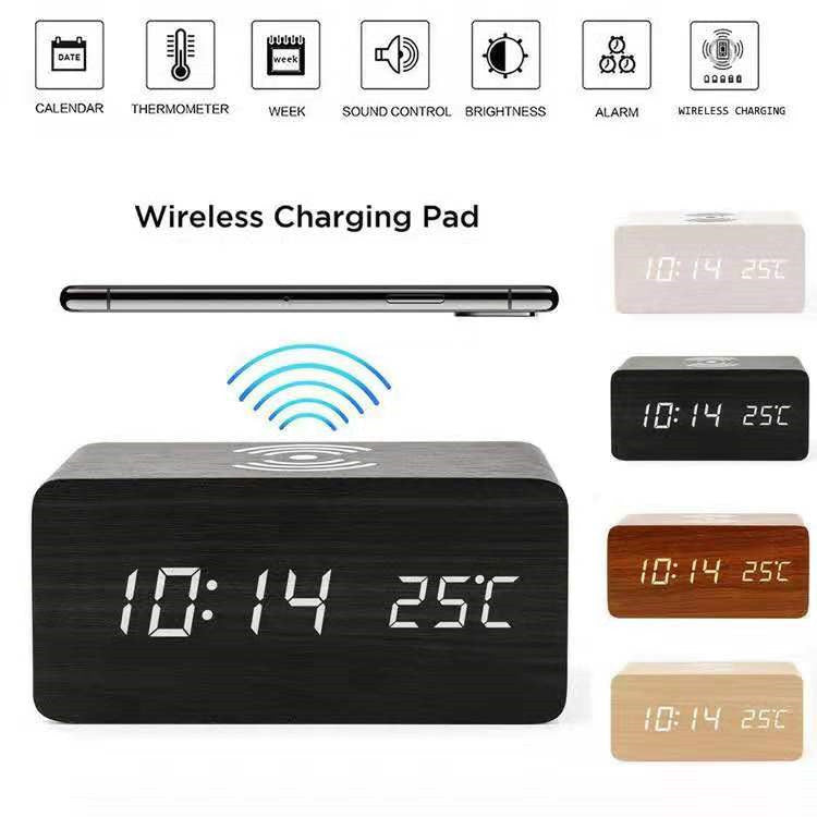 LED digital alarm clock wireless charging wooden clock