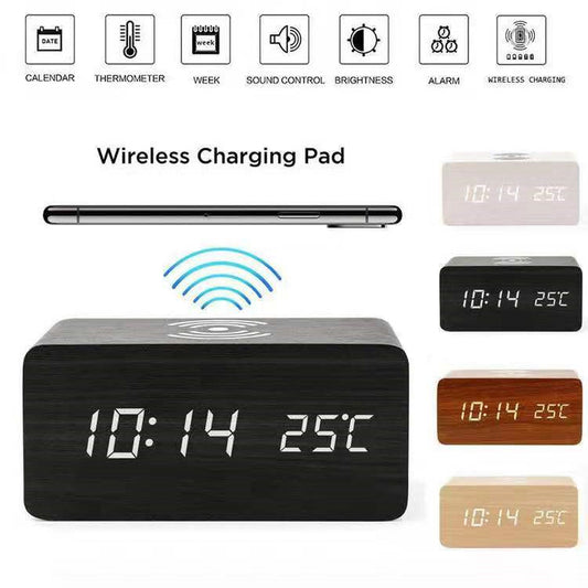 LED digital alarm clock wireless charging wooden clock