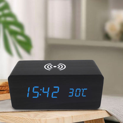 LED digital alarm clock wireless charging wooden clock