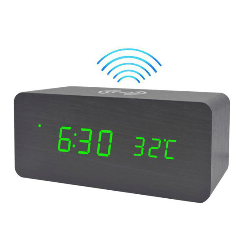 LED digital alarm clock wireless charging wooden clock