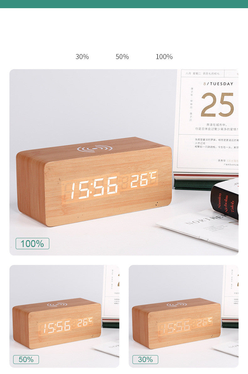 LED digital alarm clock wireless charging wooden clock