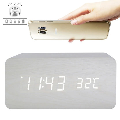 LED digital alarm clock wireless charging wooden clock