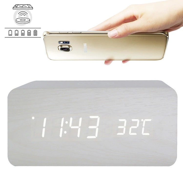 LED digital alarm clock wireless charging wooden clock