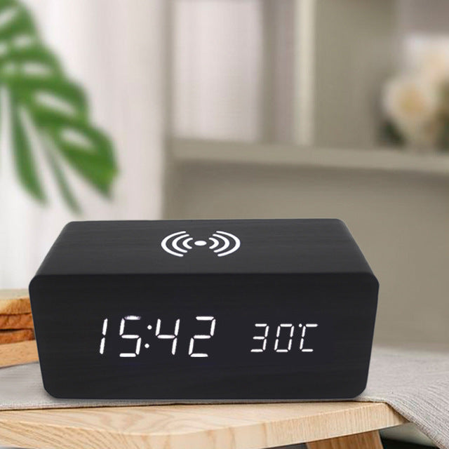 LED digital alarm clock wireless charging wooden clock