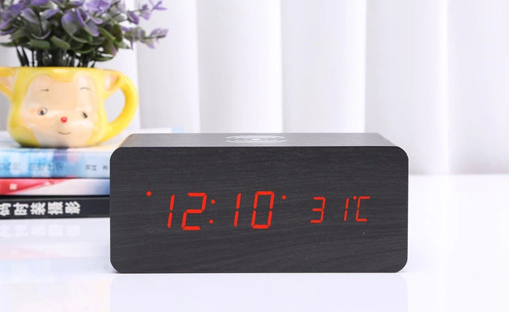 LED digital alarm clock wireless charging wooden clock